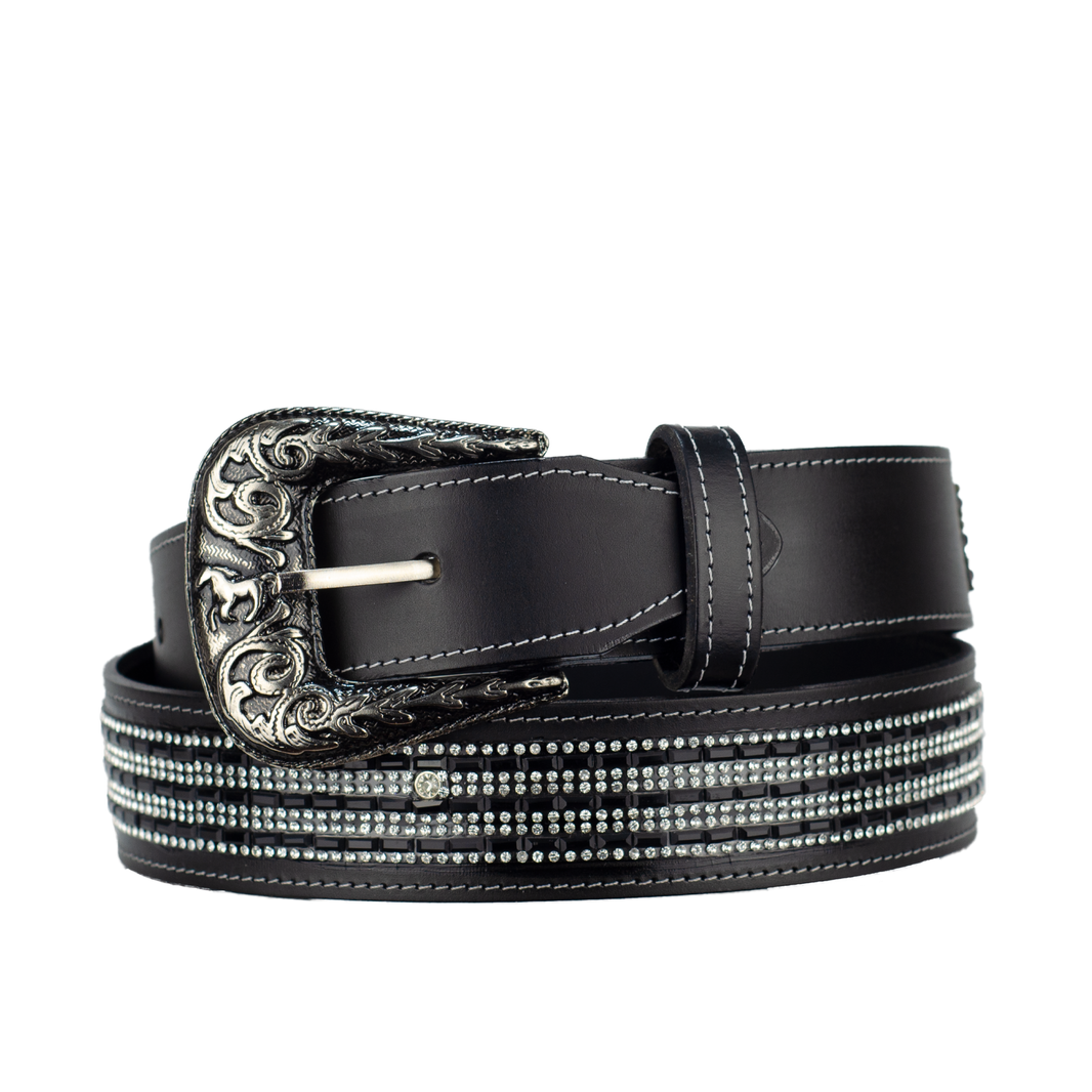 CINTURON UNISEX PIEL NEGRO PIEDRAS BLANCAS