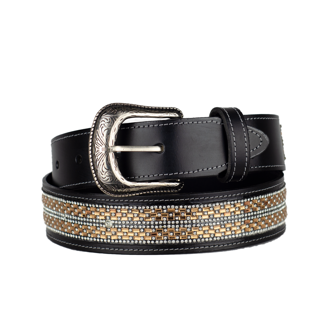 CINTURON UNISEX PIEL NEGRO PIEDRAS CAFE